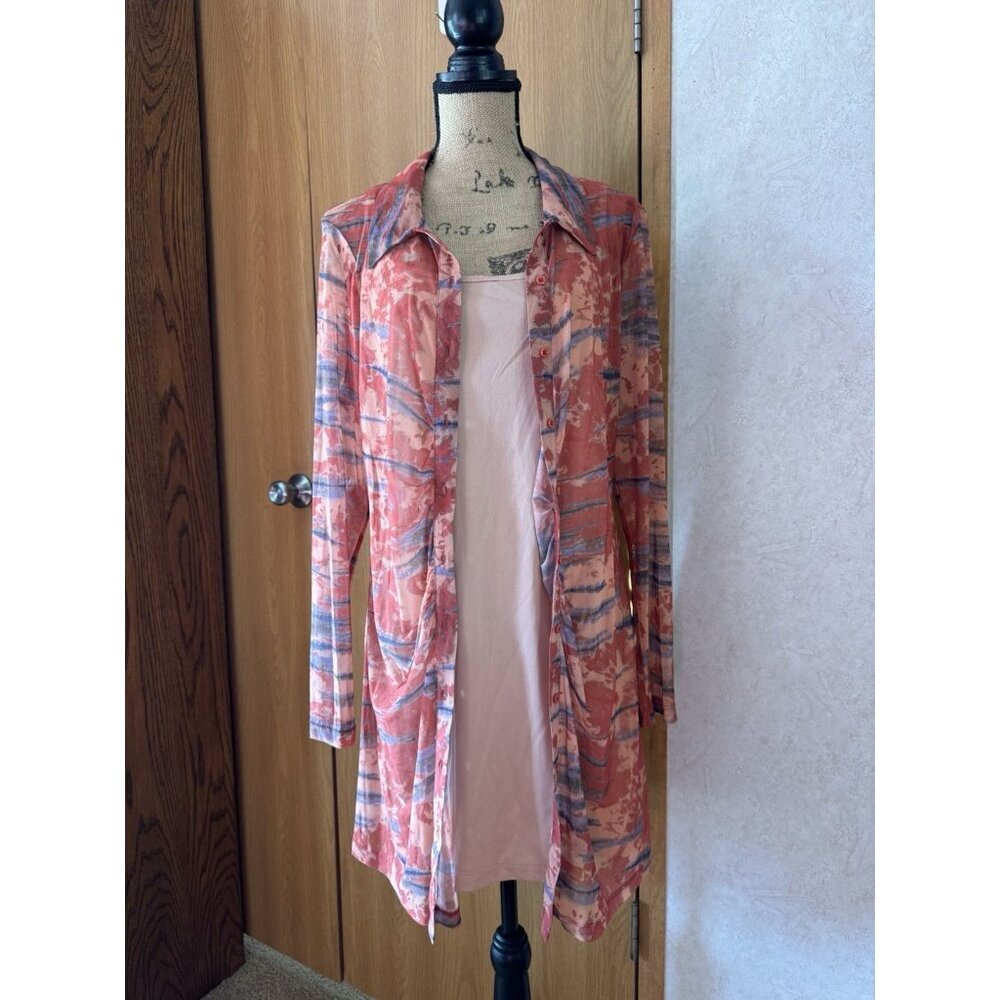Womens 2 Sets Dress Orange Mesh Button Down Cover Up Slip Dress LARGE Beach Chic - Picture 3 of 11